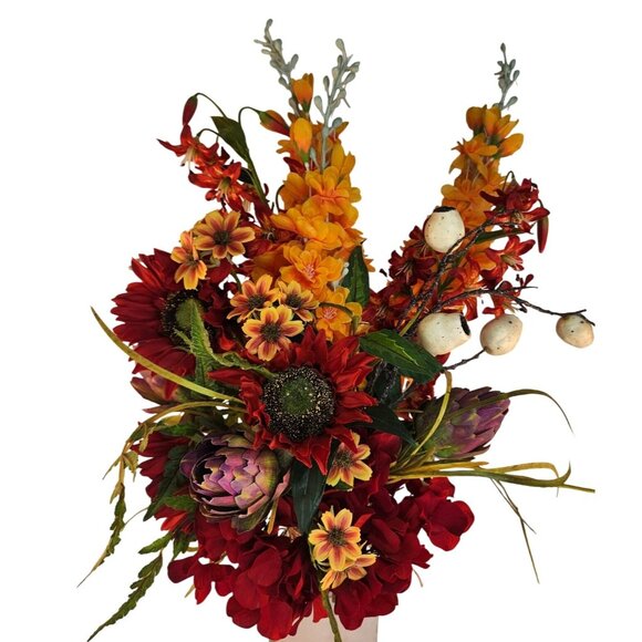 Artificial Floral Arrangement Bouquet - Fall Colors Red Yellow & Textured Accent - Picture 1 of 16